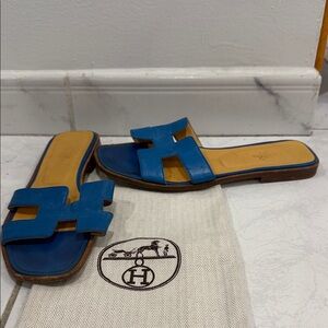 Hermes Blue Leather Oran Slide Sandals